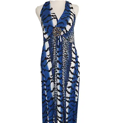 Avocado Maxi Dress Size 14 Womens Blue Animal Print Halter Neck Stretch Boho • $17.50