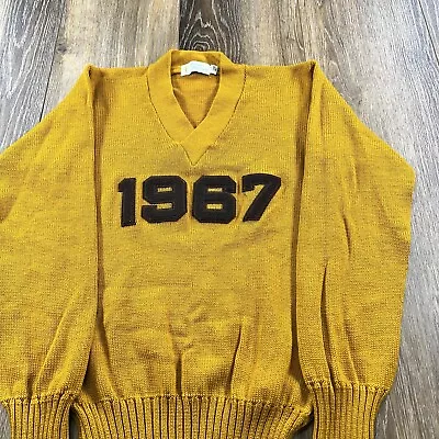 Vintage 60s Sweater Mens 40 Yellow 1967 Varsity Letterman Burean Holloway USA • $99.95