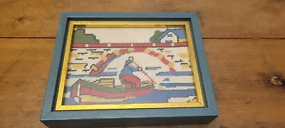 Framed Vintage Handmade Colorful Needlepoint Of  Fisherman Under Bridge.  • $14