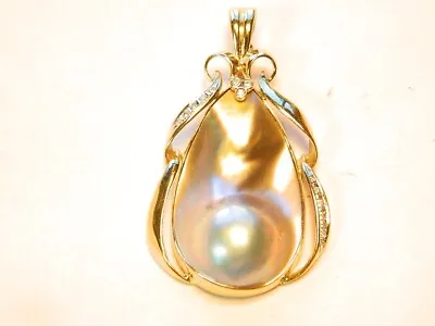 14K Gold 36x21mm Blister Mabe Pearl Enhancer Pendant Diamond Accents 12.6 Gr • $484.99