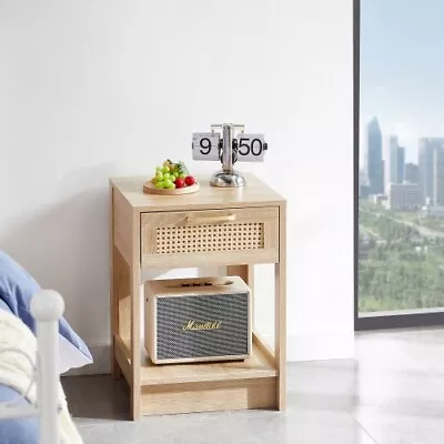 Rattan End Table With Drawer Modern Nightstand Side Table Living Room Bedroom • $102