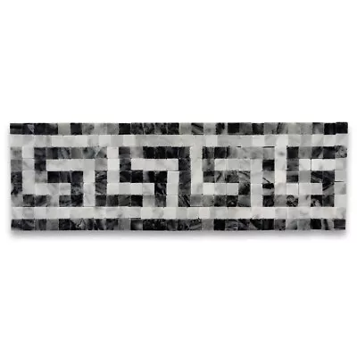 B0102H Carrara White Bardiglio Gray Marble Greek Key Mosaic Border Listello • $21.99