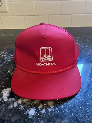 VINTAGE Boatmen's Bank Hat Red Steamboat Logo SNAPBACK Ball Cap ADULT SIZE • $15.95