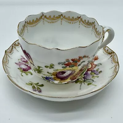 ANTIQUE GERMAN DONATH-TIEFENFUR DEMITASSE SAUCER  PORCELAIN FLOWERS 19th C READ • $59.97