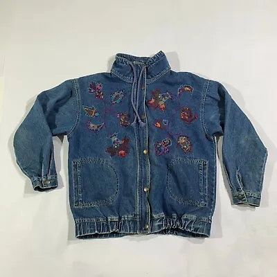 Women 4 Vintage Jacket Blue Denim Jean Flower Embroidered Beaded Zip Snap Button • $11.90