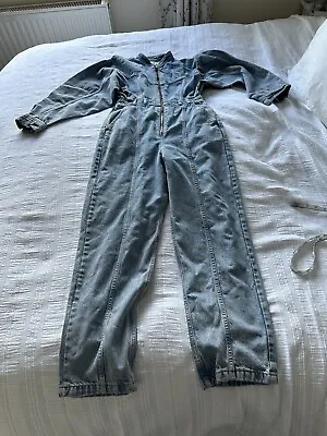 Lovely Topshop Acid Wash Blue Denim Retro 80s Style Jumpsuit Size 8 Pockets Zip  • £26.99