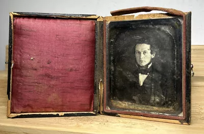 Antique Daguerreotype Photo Handsome Distinguished Young Man Wavy Hair WORN • $22.50