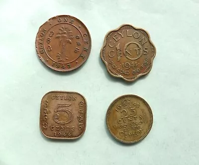 CEYLON.  George VI  25 Cents 1943  10 Cents 1944  5 Cents 1944 1 Cent 1943. • £0.95