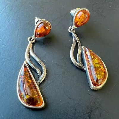 Signed A.D. 925 Sterling Silver Vintage AMBER Pierced Earrings Retro A25 • $3.25