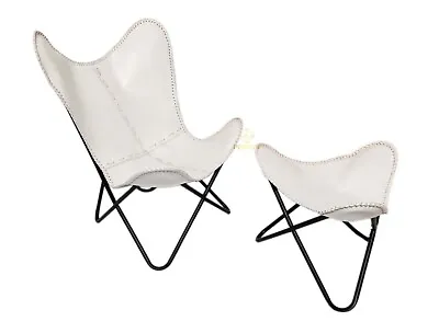 White Leather Iron Openable Chair & Footstool - Handmade Butterfly Chair PL2-117 • $185.39