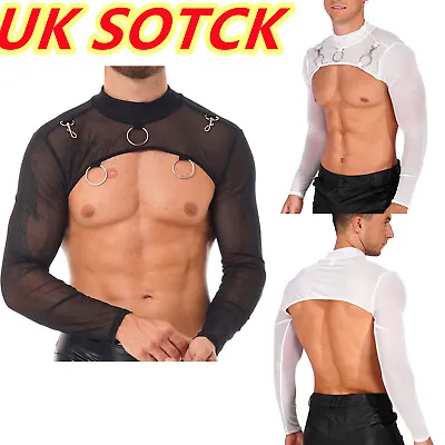 UK Mens Long Sleeve See-Through Mesh Long Sleeve Crop Top Muscle T-shirt Blouse • £7.99