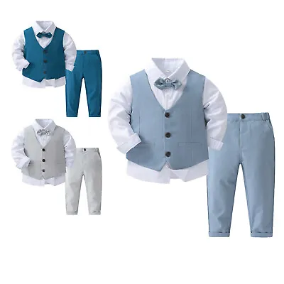 Baby Toddler Boys Gentleman Suit Bow Tie Dress Shirt Vest Pants Wedding Outfit • $22.96