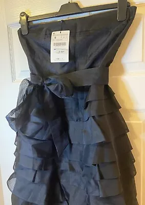 BNWT Vintage 100% Silk ZARA Black Ruffled Belted Cocktail Dress S 8/10 • $43.15