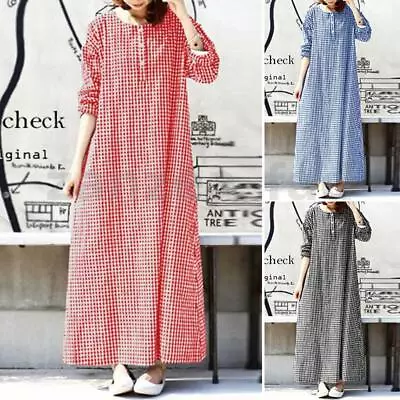 ZANZEA AU Women Long Sleeve Check Plaid Loose Waist Casual Beach Maxi Dress Plus • $23.61