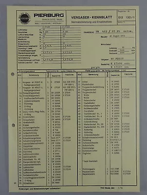 Kennblatt + Parts Catalog Pierburg Carburetor 40 Pdsit For VW 412 Automatic Off • $21.63