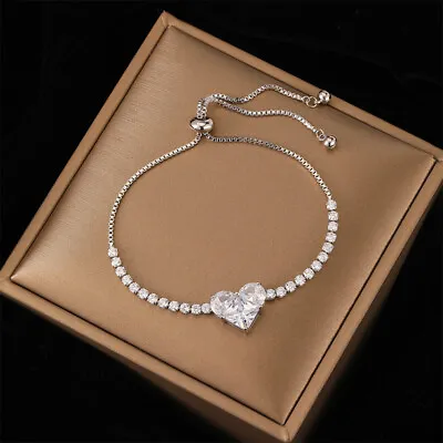 £5.06 • Buy 925 Silver Crystal Heart Bracelet Bangle Women Cubic Zirconia Wedding Jewelry