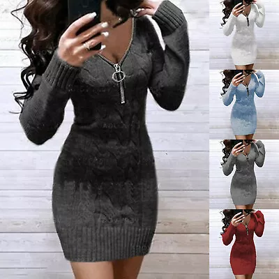 $19.79 • Buy Women Knitted V Neck Jumper Dress Bodycon Ladies Winter Mini Dresses Pullover AU