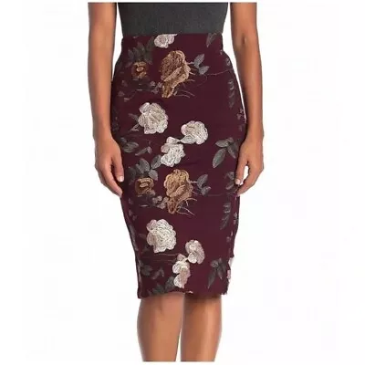 ECI New York Burgundy With Embroidered Flowers Pencil Skirt Size 8 • $30
