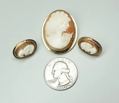 Vintage Van Dell 14K Gold Filled Cameo Brooch Pendant + Matching Post Earrings • $64