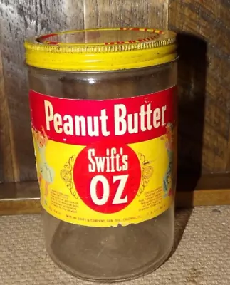 Vtg Glass Advertising Jar Swift's Wizard Oz Peanut Butter Metal Lid-1 Lb • $50