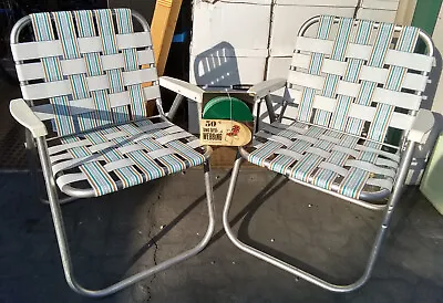 VINTAGE LOT Of 2 Aluminum Folding LAWN CHAIR Beach Woven Webbed White W/stripes • $59.95