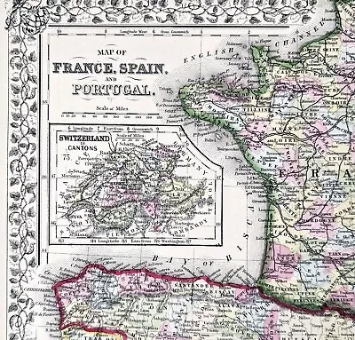 1867 France Portugal Spain Map ORIGINAL Paris Madrid Lisbon RAILROADS LARGE • $48.88