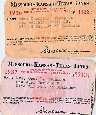 ( 2 Items ) Missouri Kansas Texas   B Linen Railway Rr Ry Rwy Railroad Pass • $5