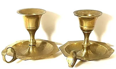 Vintage Brass Candle Stick Holders Chamber Stick 2” Farmhouse Rustic Finger Hole • $17.05