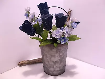 Galvanized Metal & Denim Roses Wall Pocket Planter Farmhouse Hanging Home Decor • $19.99