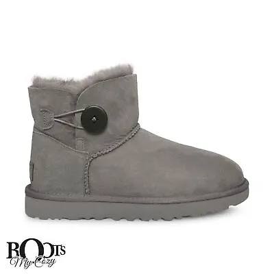 Ugg Mini Bailey Button Ii Grey Sheepskin Suede Women's Boots Size Us 5/uk 3 New • $83.99