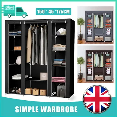 Large Fabric Canvas Wardrobe Clothes Hanging Rail Shelves Home Storage Cupboard • £11.99