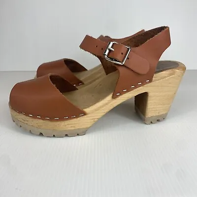 MIA Greta Women’s Leather Clogs Heels Brown Size 38 Wooden Sole Made In Sweden • $25.99