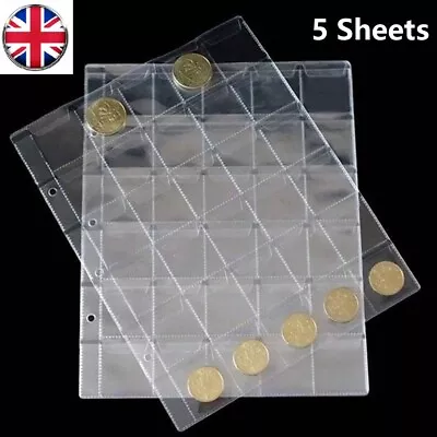 5pcs 30 Pockets Plastic Coin Holders Storage Pages Protector Sheets Sleeves UK • £5.99