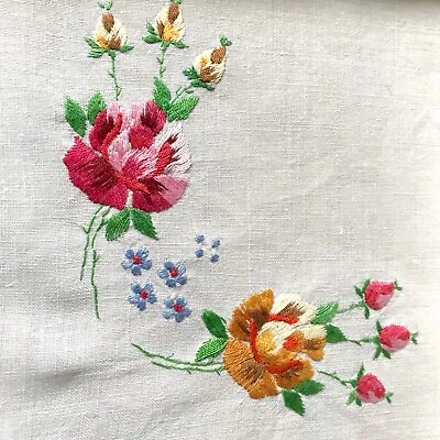 Vintage Linen Hand Embroidered Tablecloth ~ Easter Table Floral Roses & Buds • £24.99