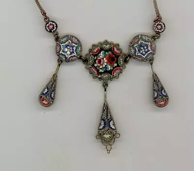 Vintage Italy Micro Mosaic Venetian Glass Floral Flower Millefiori Necklace Vg • $274.99
