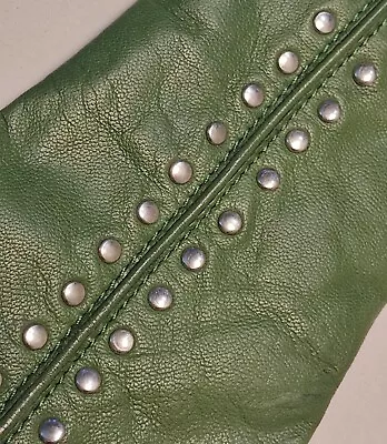 Michael Kors Olive Green Leather Studded Exterior Stitched Gloves Sz.M Wool Line • $44.99