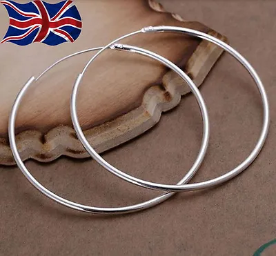 925 Sterling Silver Hoop Earrings Large Hooped Sleeper 50mm 5cm Ladies UK • £3.49