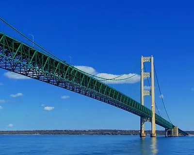 New 8x10 Photo: View Under The Mackinac Bridge With Michigan's Upper Peninsula • $11.99