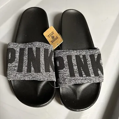 NWT Victoria's Secret Pink Logo Flip Flops Slides Black Marl Grey Seamless Small • $25