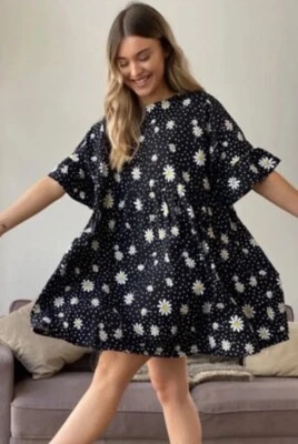 $22 • Buy Asos Oversized Shift Dress Size 12-14 100% Cotton Stretch Short Ruffled Sleeves
