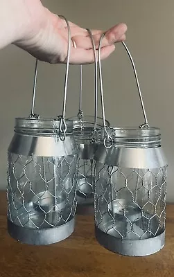 (3) Rustic Mason Jars Candle Holder With Decorative Wire Metal /Handle  • $13