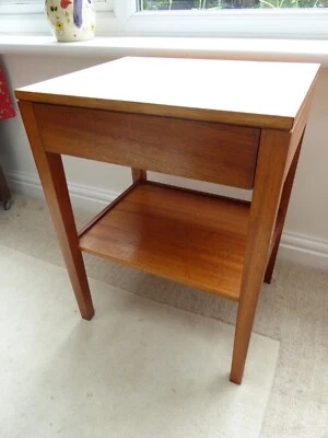£68 • Buy Vintage Remploy Teak Bedside Table, MOD Crows Foot, Melamine Leaf Design, 50cm