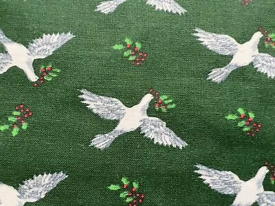 Vintage Christmas Fabric Dove & Holly Berry Branch Print Green Background BTHY • $2.95