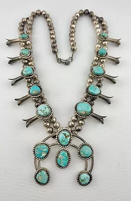 Vintage Navajo Sterling Silver Carico Lake Turquoise Squash Blossom Necklace 24  • $1295