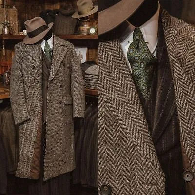 Men Herringbone Tweed Vintage Long Jacket Coat Groom Tuxedo Prom Warm Blazer • $70.06