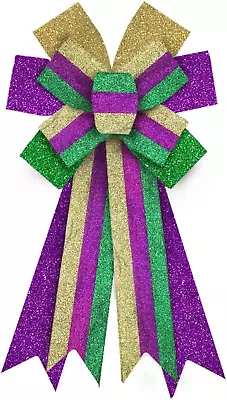 Mardi Gras Wreath Bows Mardi Gras Decor Bow Purple Green Glitter Srips Burlap Bo • $25.99