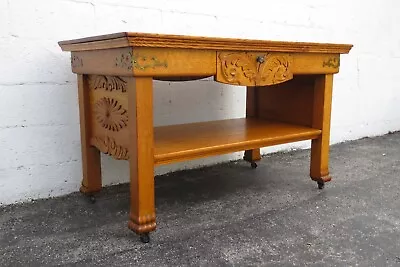 Early 1900s Carved Tiger Oak Two Tiers Console Library Table 5316 • $1270.75