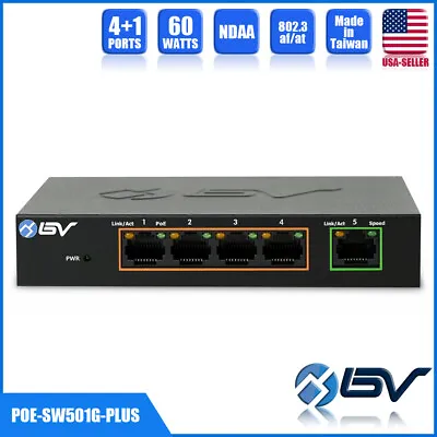 4 Port PoE+ Gigabit Switch & 1 Gigabit Uplink 55W 802.3af/at NDAA Compliant • $47.99