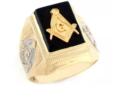 10k Or 14k Gold Two-Tone Onyx Masonic Mens Ring • $599.99