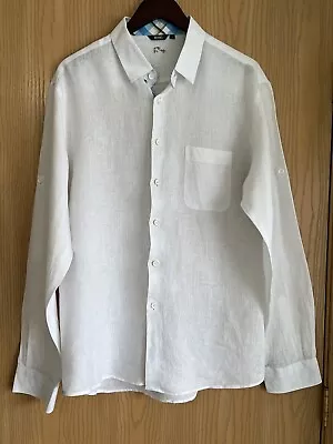 Bohio | Mens Size L | White Linen Shirt Roll Tab Sleeves Button Front Pocket • $25